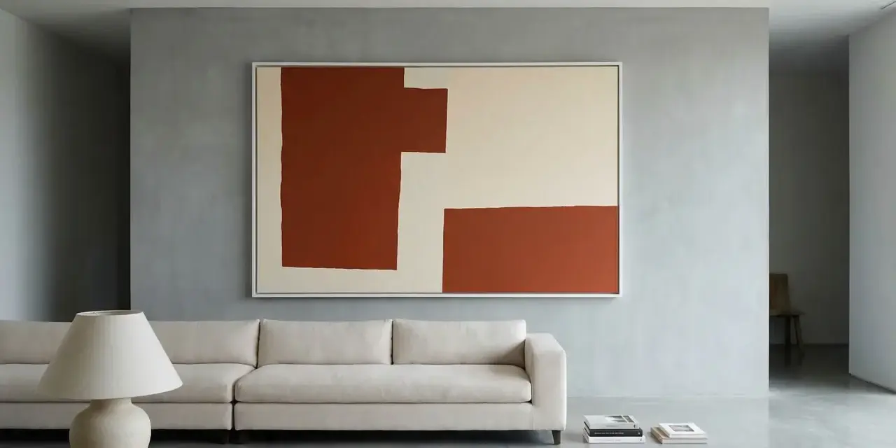 Un soggiorno minimalista con un divano bianco, un tappeto in juta e un quadro astratto su pareti colorate moderne.