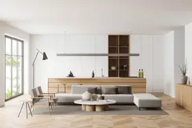 Soggiorno e cucina open space con mobili contemporanei moderni, divano, tavolino e isola.