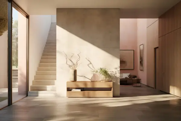 Ingresso moderno con pareti dipinte particolari, scala in pietra e arredi minimalisti. La luce solare crea giochi d'ombra suggestivi.