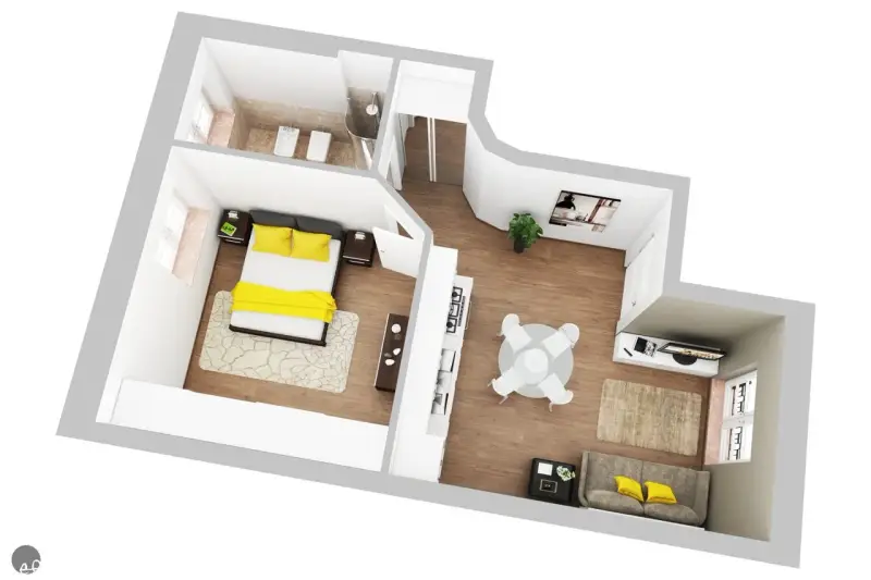 Progetto casa 40 mq rettangolare: camera da letto, bagno, cucina a vista, zona pranzo e soggiorno con divano e TV.