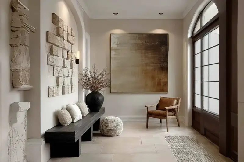Come valorizzare una parete vuota con un quadro astratto, una scultura moderna e un arredo accogliente.